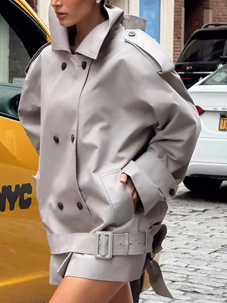 レトロな英国風レディースウインドブレーカー 2025年新作 ダブルブレスト ラペル ウエストシェイプ タイ付き ショートコート