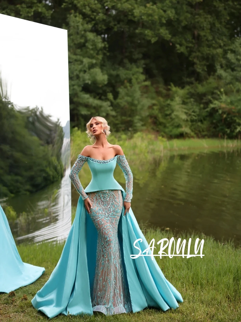 

Blue Satin Train Delicate Beaded Evening Dress Chic Off Shoulder Corset Prom Gown Customized For Women Popular Banquet Wear