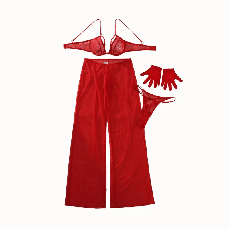 2025Новые повседневные сетчатые длинные брюки, формирующие тонкое сексуальное женское белье, комплект из двух предметов с перчатками