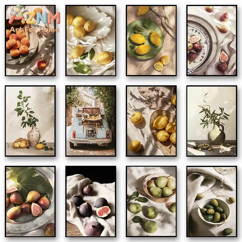 1PC Autumn Lemon Olive Fruit Harvest Poster Prints Cars and Plants Landscape Wall Art Canvas Painting Living Room Decoration