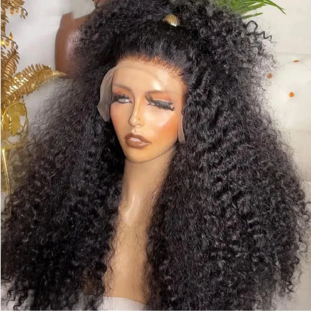 Soft 26Inch 180Density Long Synthetic Black Kinky Curly Lace Front Wig For Women With Baby Hair Heat Resistant Glueless Daily