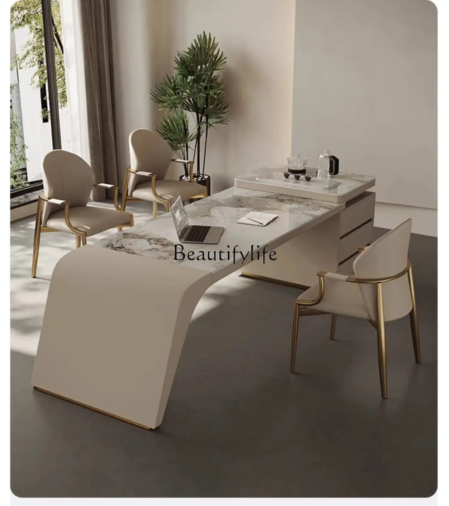 

Rock slab tea table light luxury modern cream wabi sabi wind office tea table integrated dual-purpose