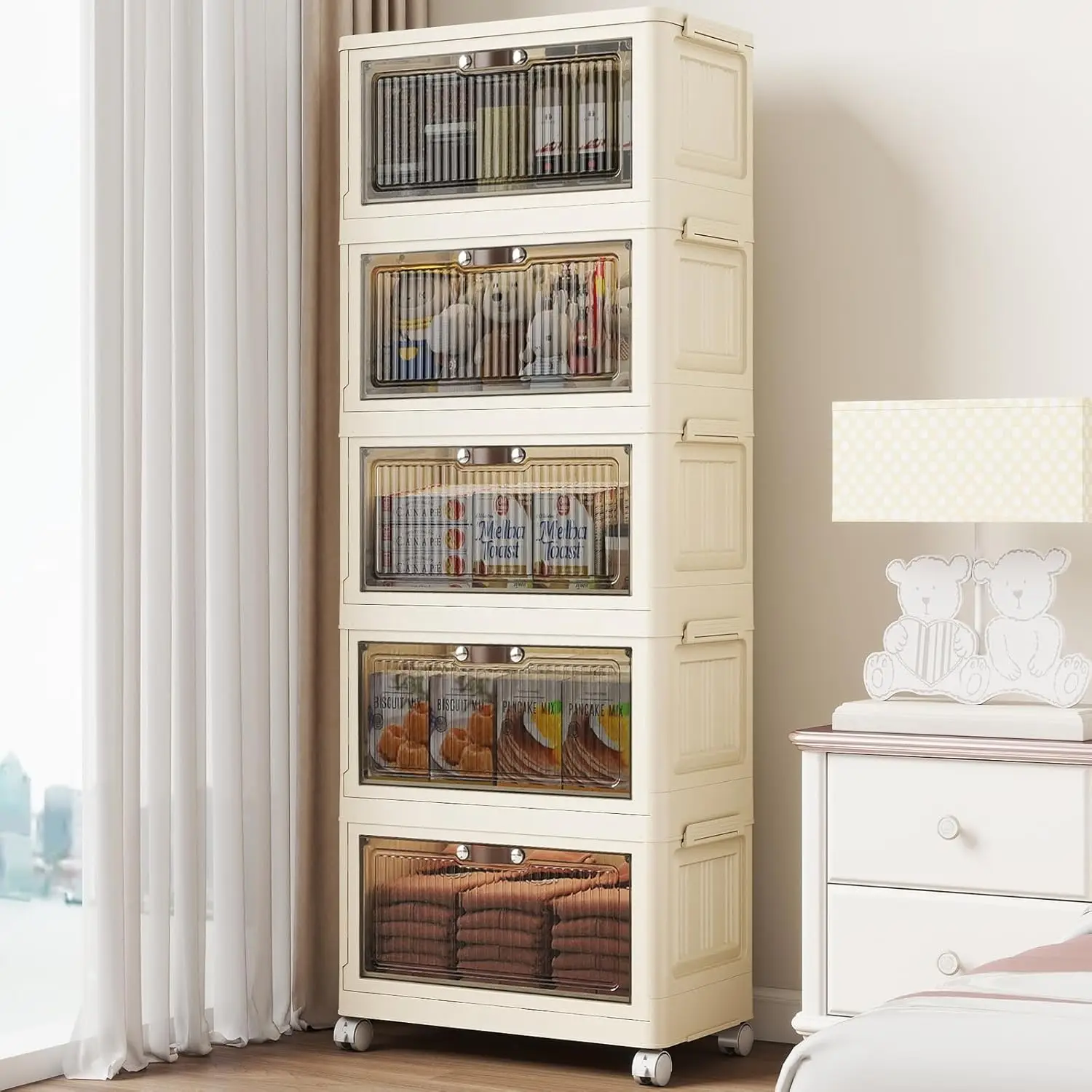 

5 Tier - 48QT Storage Bins with Lids, Collapsible Storage Bins with Doors and Wheels, Plastic Storage