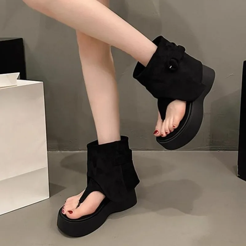 

Women Platform Sandals Thong Open Toe Ankle Bootie Style Suede Look Upper Chunky Flatform Sole Casual Streetwear Summer Shoes