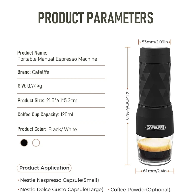 Cafelffe 3 In1 Machine à café Portable eau chaude/froide Machine à expresso manuelle pour capsules et presse à main moulu cafetière randonnée voyage