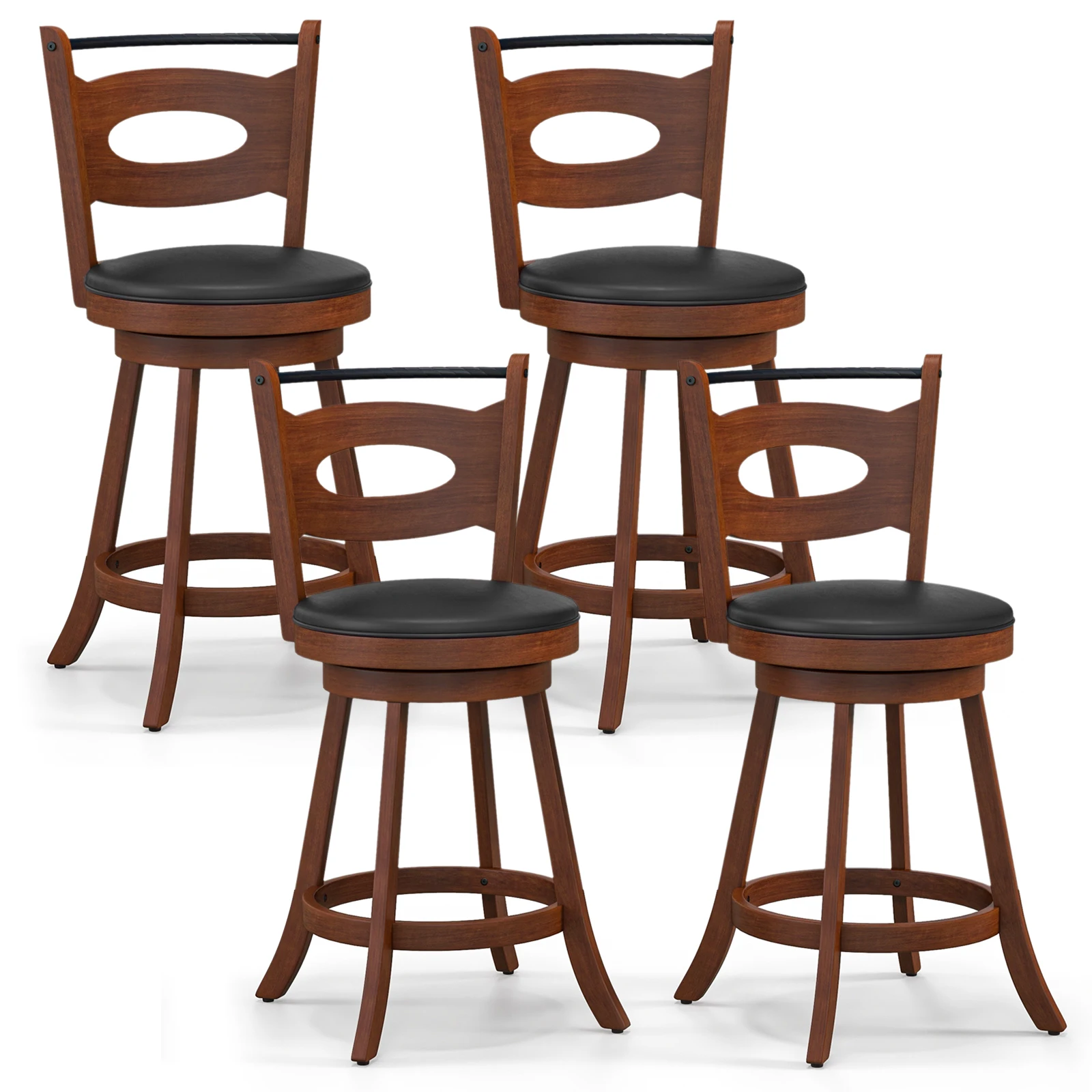 Set of 4 Bar Stools 360° Swivel Dining Chairs Solid Rubber Wood Leather Padded Seat Counter Height