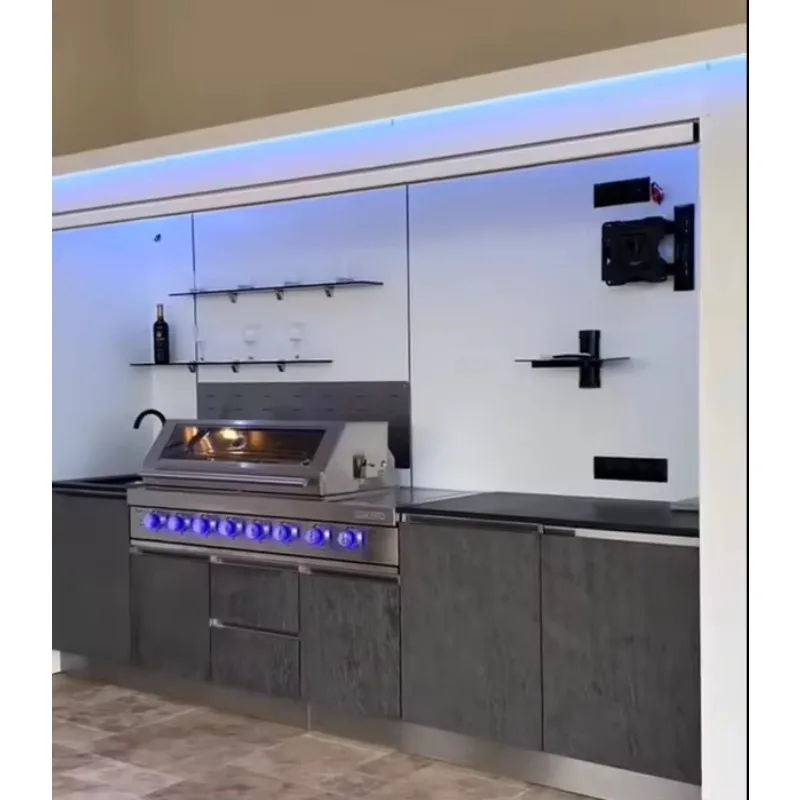 Contemporary Modular Outdoor Stainless Steel Electric Grill Kitchen Unit Wind and Rainproof Mobile Garden Cabinet customized