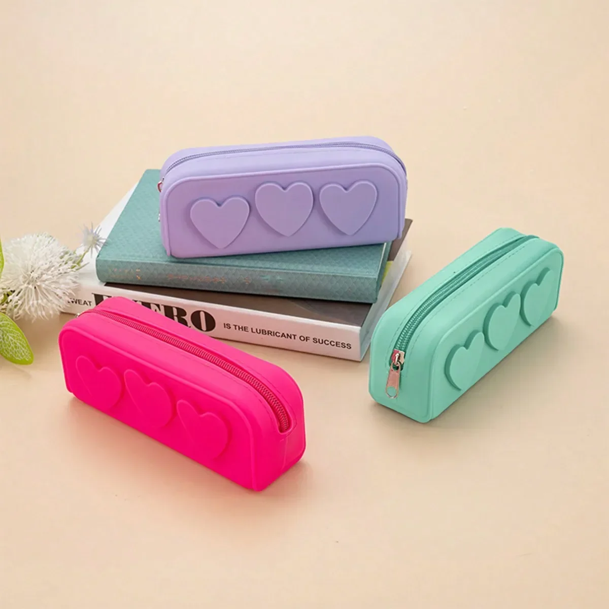 Love Stationery Bag Silicone Pencil Case Convenient Storage Bag Heart Shaped Washable Silicone Stationery Bag