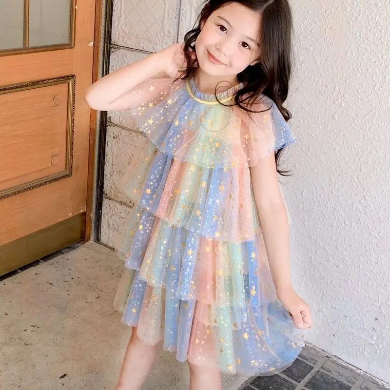 

New Summer Girls' Gradient Color Princess Dress Fashion Round Neck Star Gilding Sleeveless Kids Clothes Net Yarn Cake Dresses