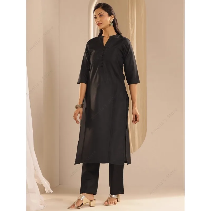 طقم نسائي من قماش الجاكار الأسود كورتا بانت دوباتا مكون من 3 قطع بدلة عرقية هندية أنيقة لملابس رسمية احتفالية فستان باكستاني