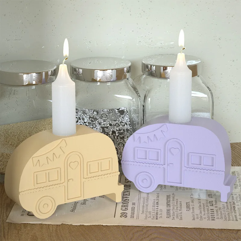 Camper Van Candlestick Silicone Mold Vintage Car Candle Holder Cement Concrete Home Decoration Birthday Gift Casting Moulds