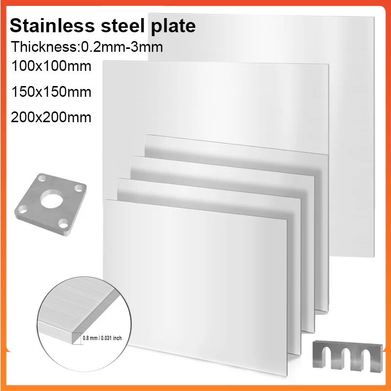 

304 Stainless Steel Square Sheet Plate 100x100mm 200x200mm Thickness 0.2/0.5/0.8/1/2/3mm Flat Brushed Metal Polished Plate