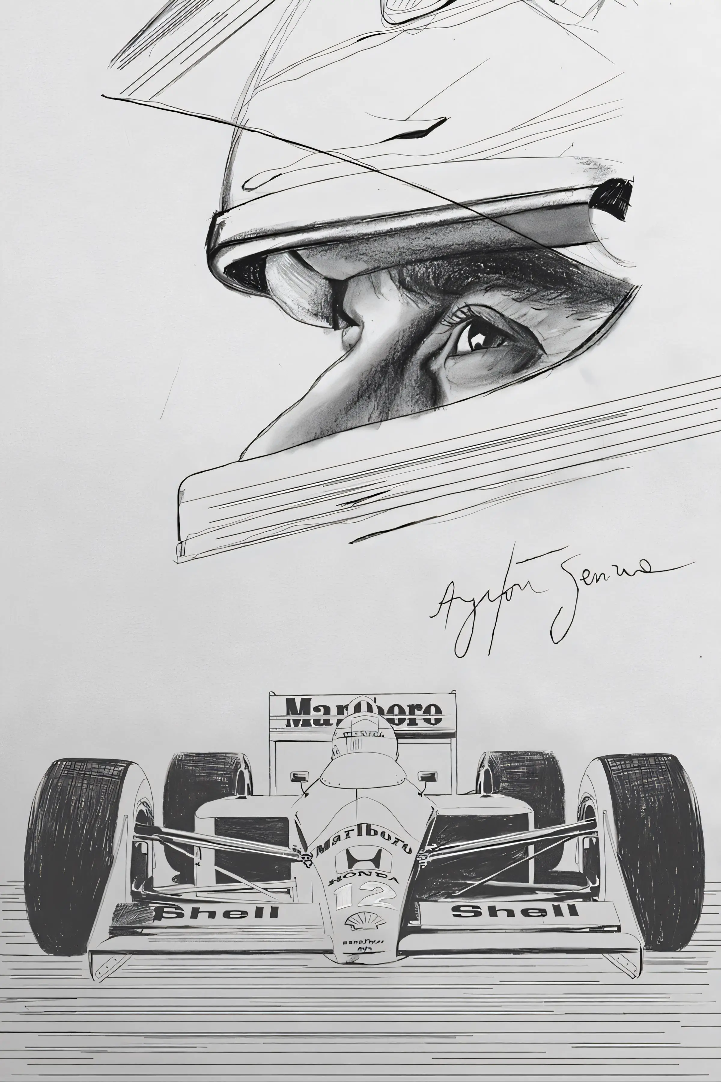 Ayrton Senna F1 Racing Car and Helmet Sketch Aluminum Tin Sign Poster Vintage Wall Art Decor