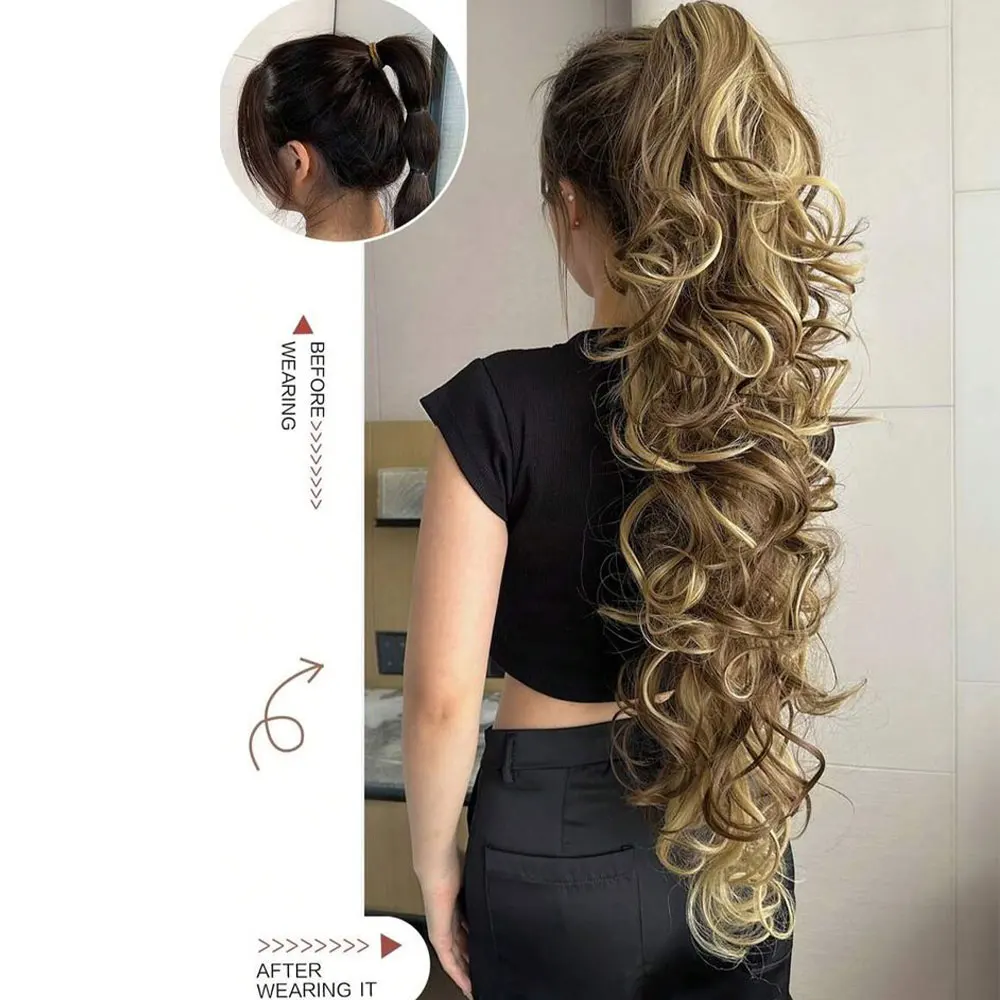 30 Polegada longo encaracolado ondulado rabo de cavalo garra clipe extensão do cabelo sintético cordão rabos de cavalo para mulheres clipe em rabo de cavalo extensi