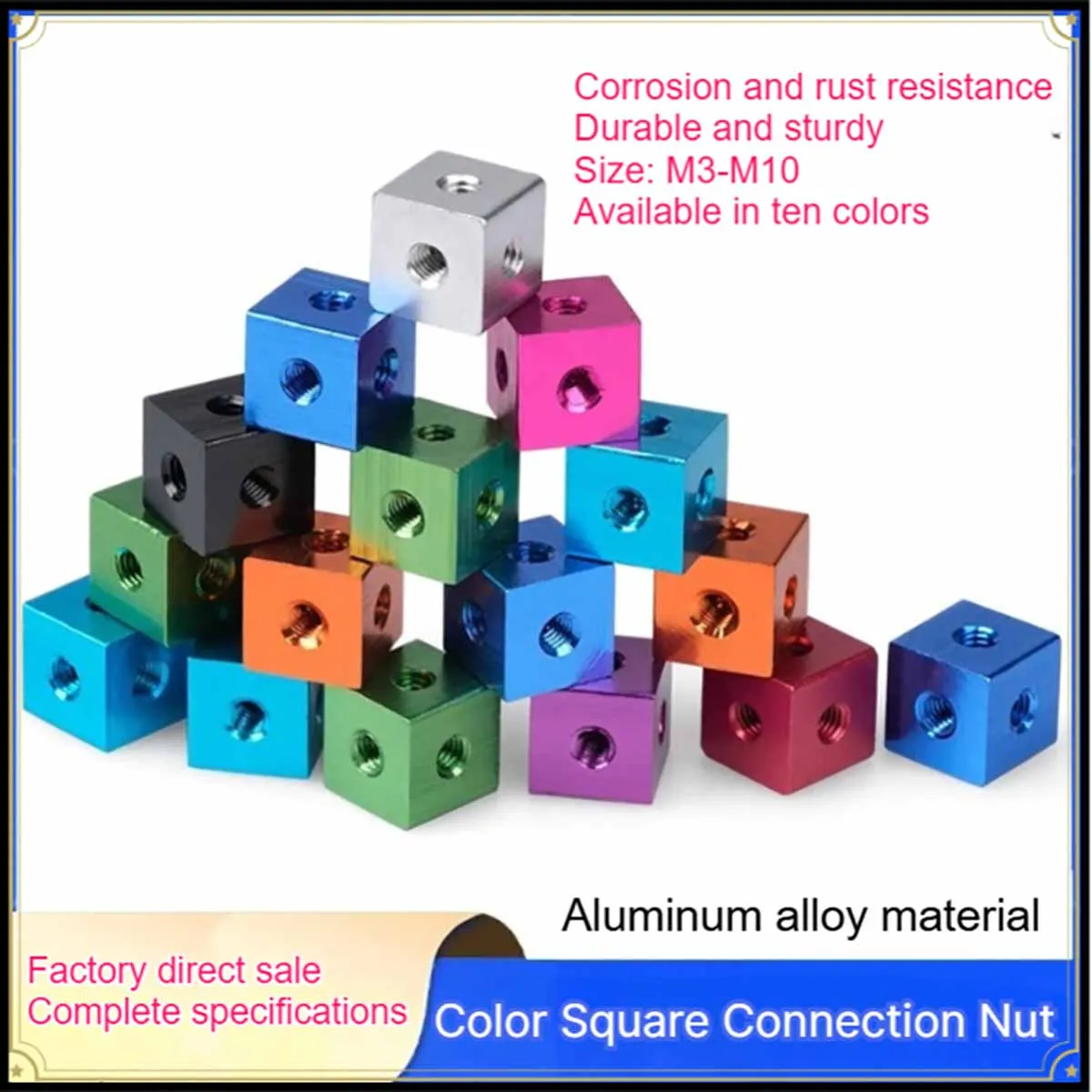 Color Anodized Aluminum Cube Connector Nut M3 M4 M5 M6 M8 M10 Six Sided 3-Way Thread Fix Block For Industrial Extrusion Profile