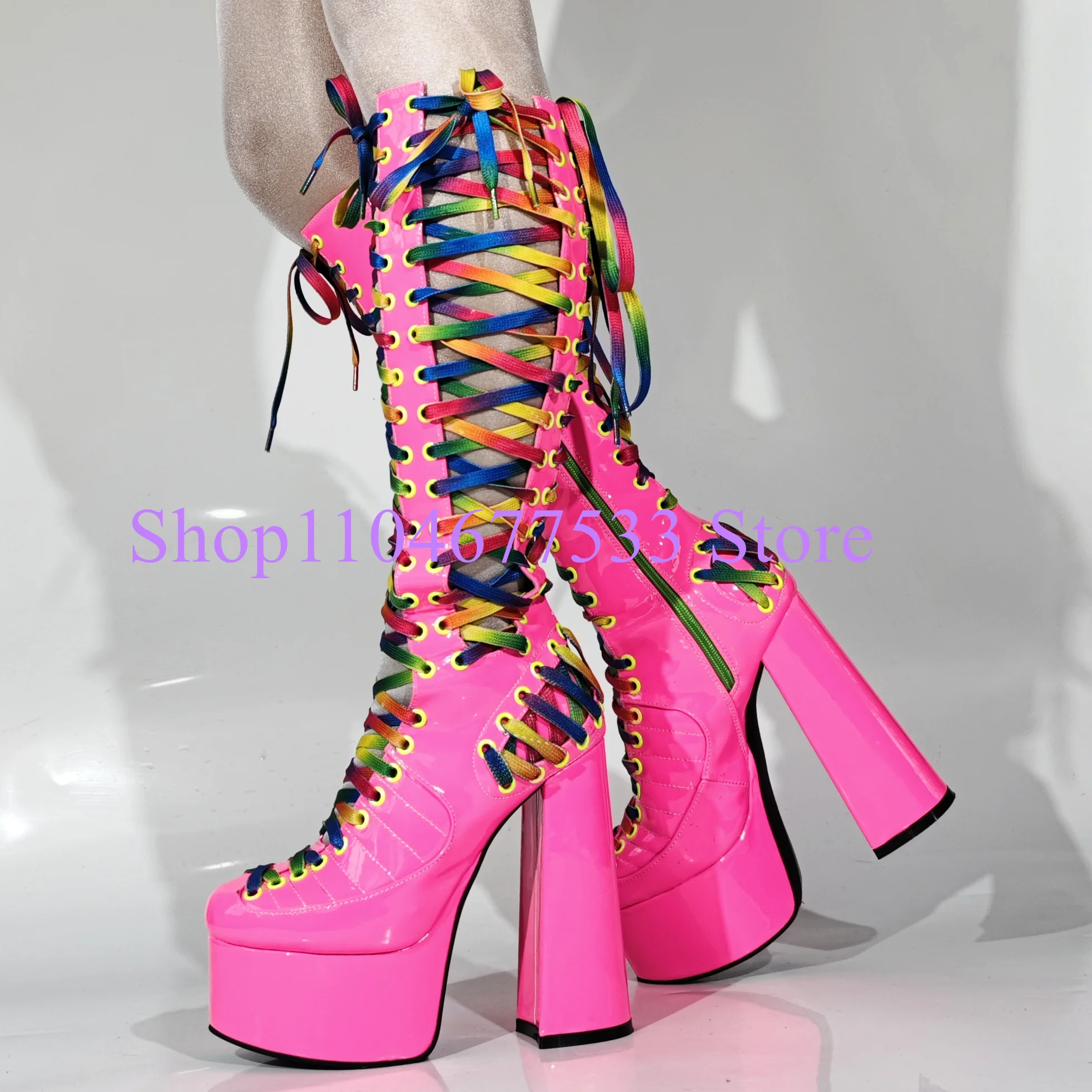 Rose Red Chunky Heel Woman Long Boots Fashion Design Candy Color Cross-tied Lady Platform Sandals Knee High Boots Party Shoes