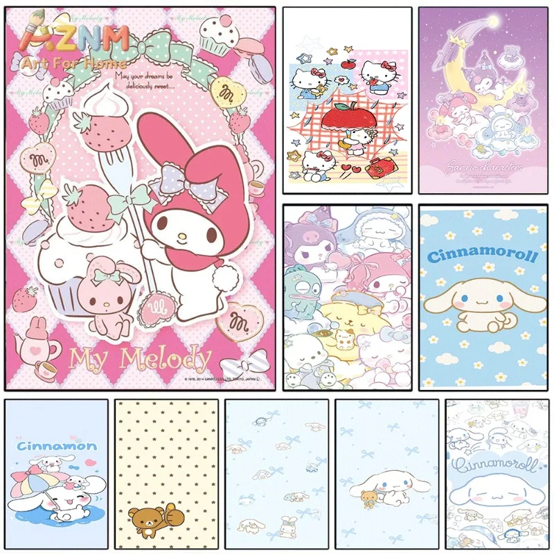 `My Melody Sanrio Kawaii Canvas Wall Art Unframed Poster For Girls Room Strawberry Cake Sweet Aesthetic Bedroom Dorm Wall Decor`