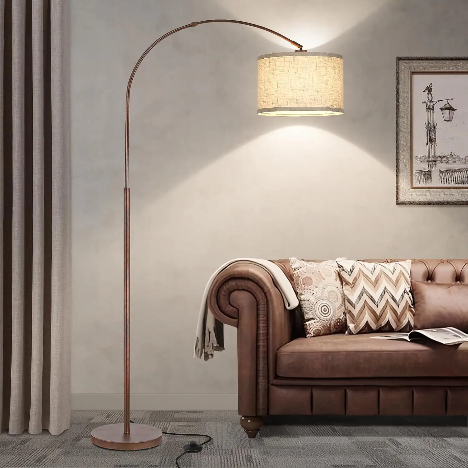 Vintage Arc Floor Lamp with Adjustable Head, On/Off Pedal Switch for Living Room, Bedroom, Office - Antique Bronze