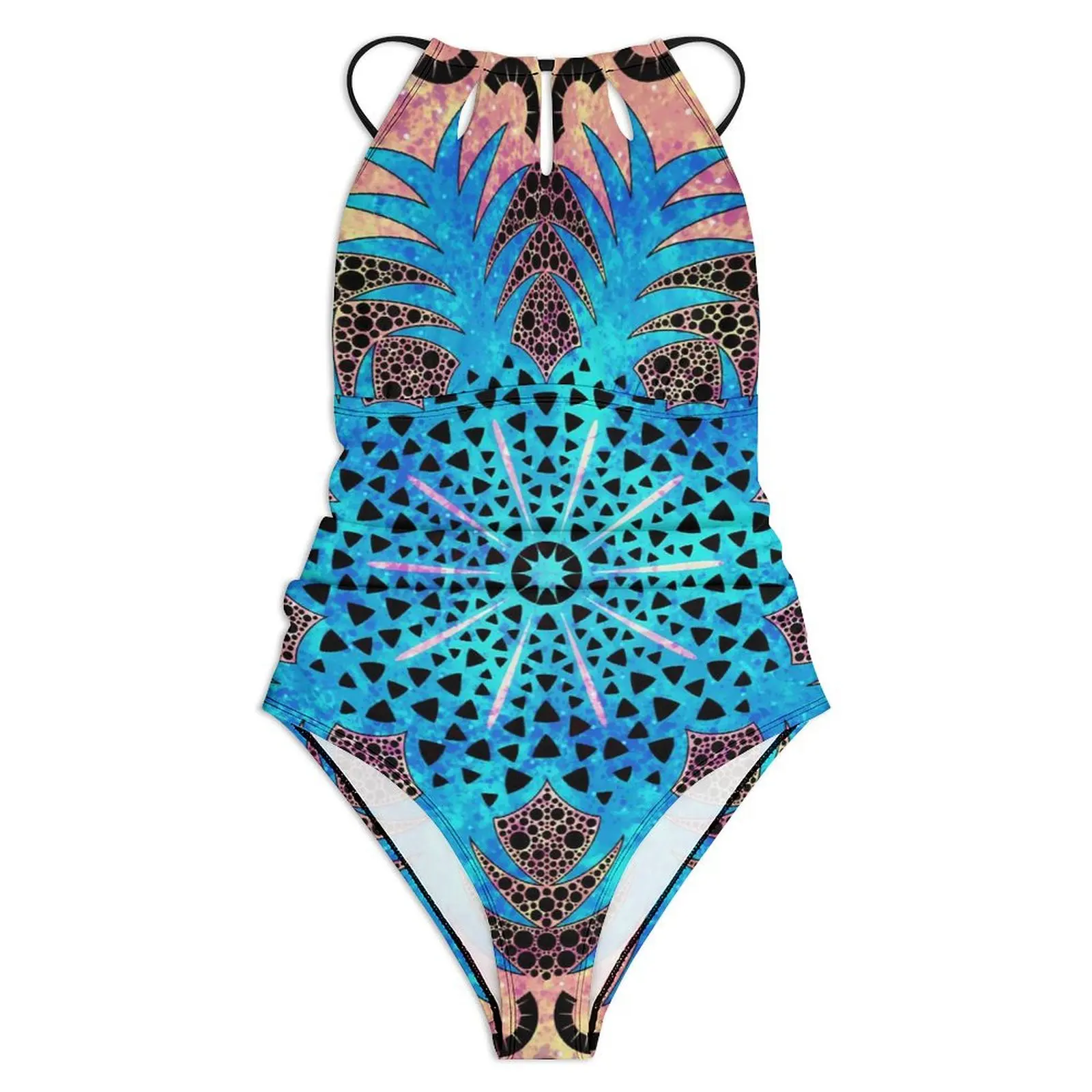 Vibrant Mandala Swimsuit Blue And Pink Pineapple One Piece Swimwear Push Up Novelty Bathing Suit Holiday Rave Graphic Bodysuit