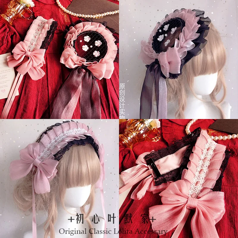 Lolita accessories headwear black pink girl headband hair accessories French flat hat sweet cute Japanese anime accessories