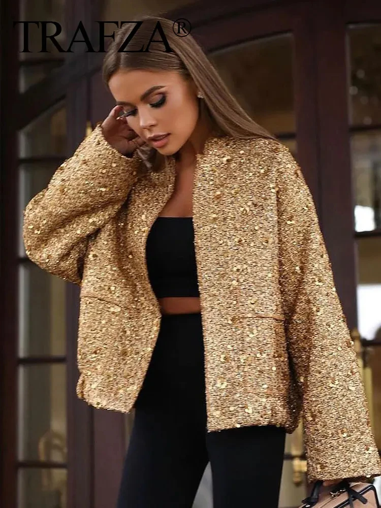 TRAFZA Women Fashion Gold Sequin Coat Casual Loose Stand Collar Long Sleeve Jacket Y2k Vintage Autumn Female High Street Outwear