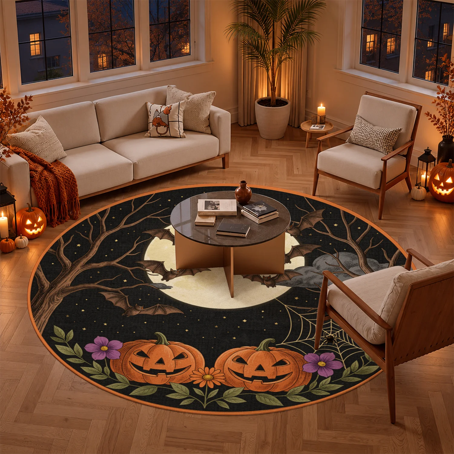 Jack-o-Lantern Bats Moon Spider Web Round Pattern Area Rug, Velvet Fabric, Machine Washable, Stable Base, Fits Entryway, Living Room, Porch, Ideal for Halloween, Thanksgiving, Christmas, New Year, Black Friday, Cyber Monday Home Decor