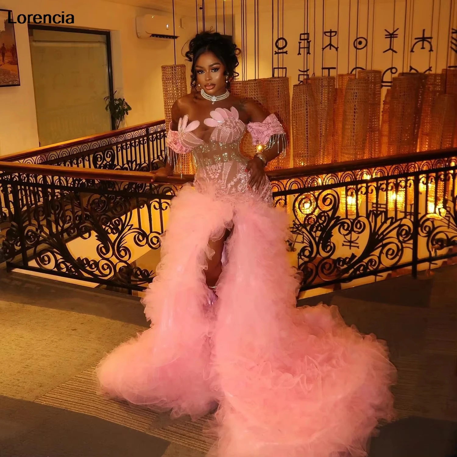 Customized Luxury Beading Mermaid Prom Dress Sexy Slit Pink Party Tulle Train 3D Appliques Black Girls Birthday Dress YPD239