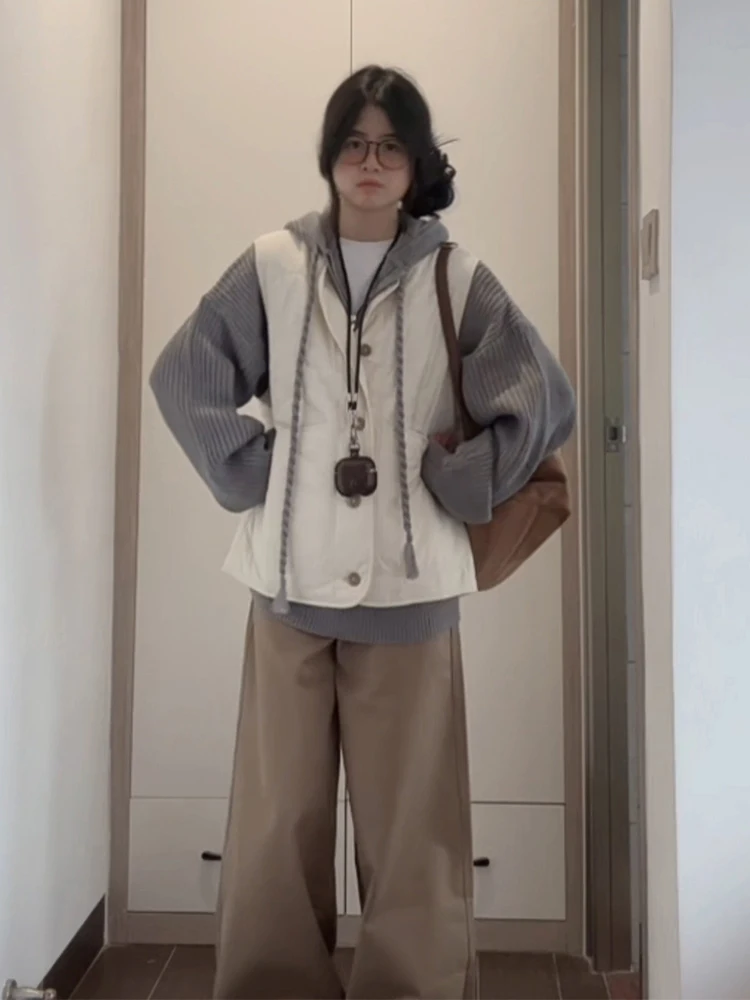 Modna kamizelka z bawełny, odzież wierzchnia damska, luźna, codzienna, ciepła na jesień i zimę, młodzieżowa, okrągły dekolt.