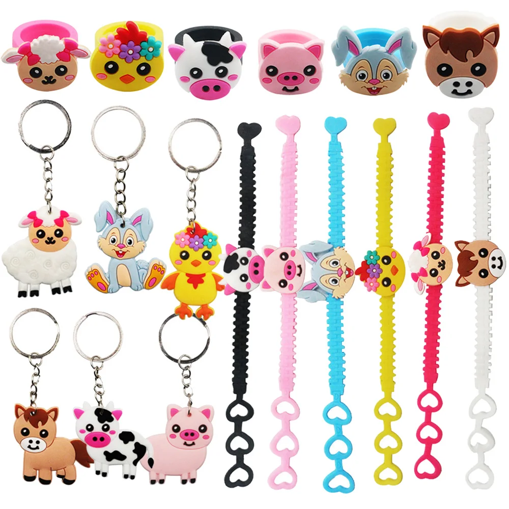 

Farm Animals Party Favors Barnyard Animal Keychains Slap Bracelet Rubber Gift Kids Birthday Party Baby Shower Supplies