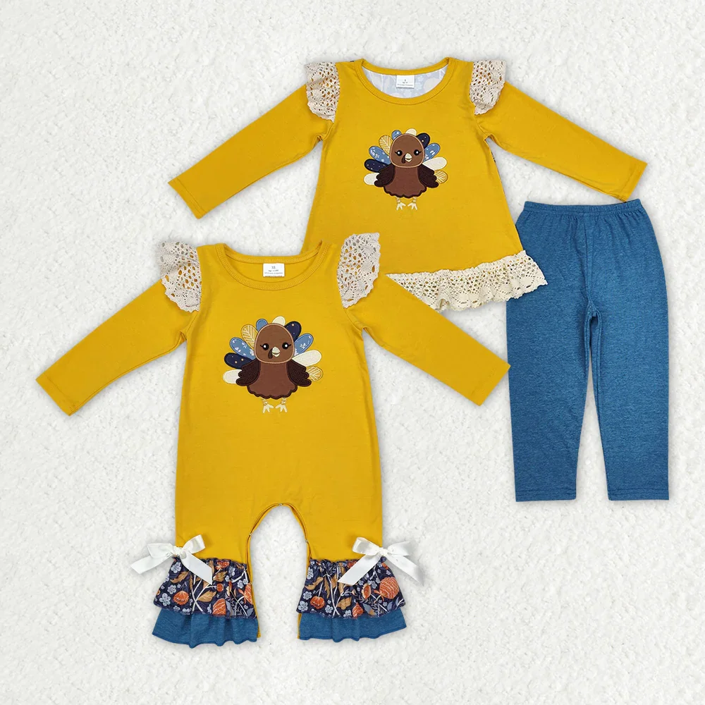 

GLP1542 Wholesale kids clothes girl Thanksgiving Embroidered turkey long sleeve pants sets Summer Boutique baby girl clothes