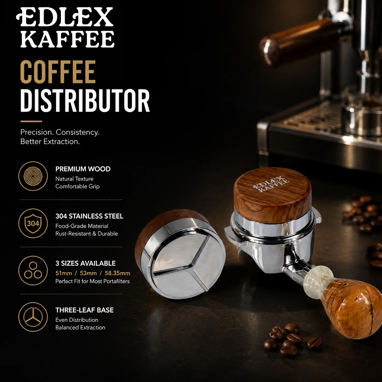 51/53.3/58.5mm Walnut Coffee Distributor Stainless Steel Three Angled Slope Adjustable Height Coffee Leveler Espresso Tamper