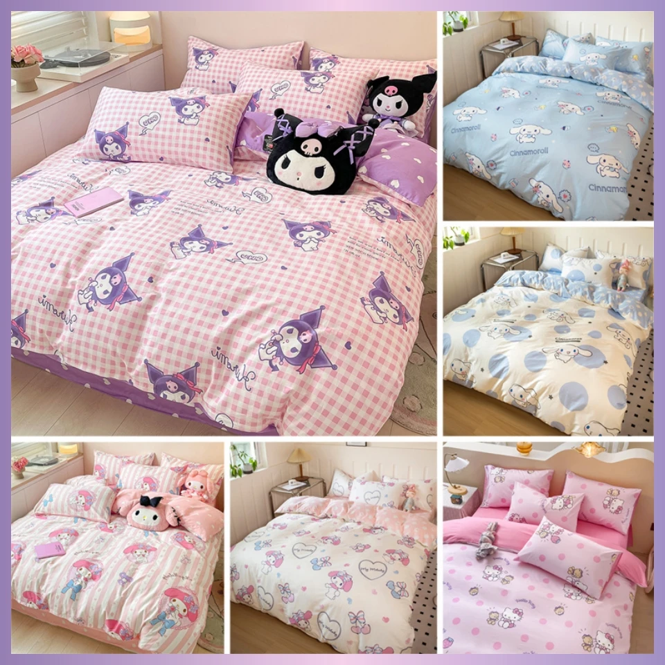 Sanrio Bedding Set Hello Kitty Kuromi Cinnamoroll My Melody 100%cotton Duvet Cover Bed Sheet Pillowcase King Queen Home Textile