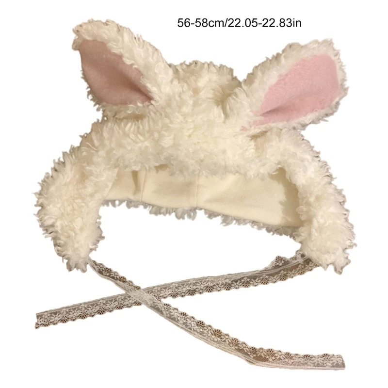 Furry Rabbits Hat White Soft Ear Headwear for Women Winter Cycling Climbing Skiing Thick Lining Photo Props Dropshipping