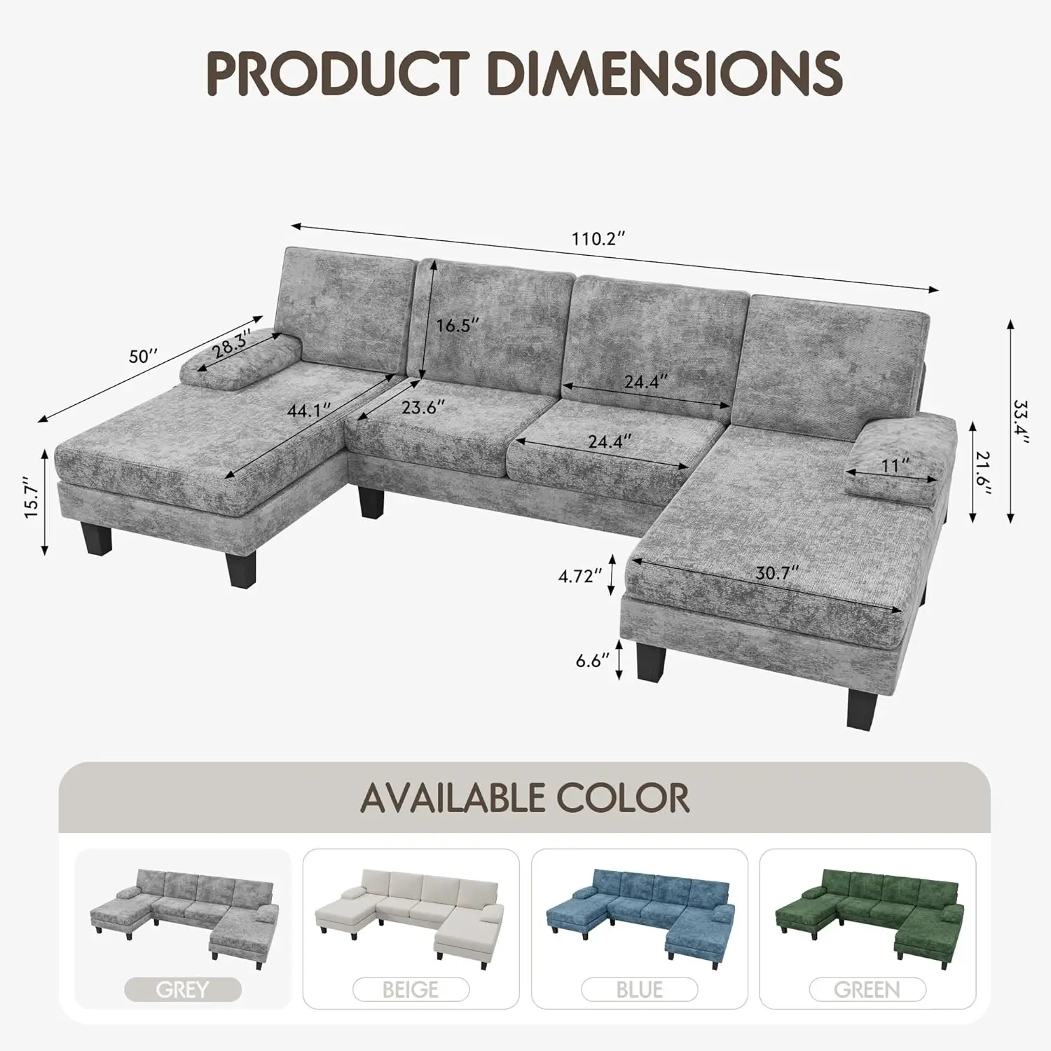 YESHOMY Convertible Sectional Sofa, U-Shaped Couch with Soft Cotton Chenille Fabric, Oversized Seats, Comfortable Backrest, Gray