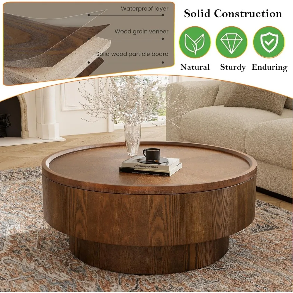 Modern 30.7 Inch Round Coffee Table with Hidden Storage, Mid-Century Style Solid Wood Living Room Table
