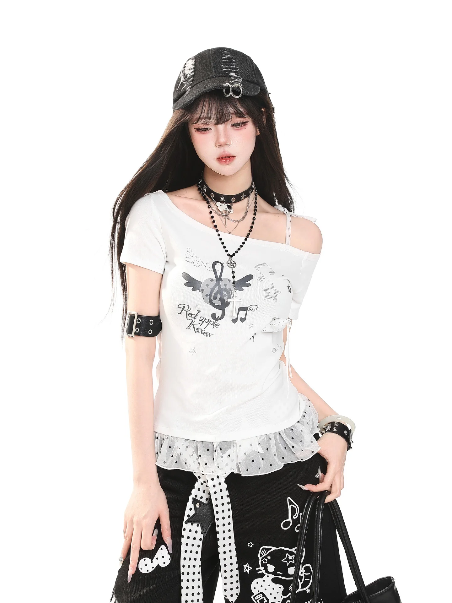 Y2K Note Print Ruffle Hem Asymmetrical Shoulder Short Sleeve T-Shirt Women's Slimming Summer Beautiful Polka Dot Top