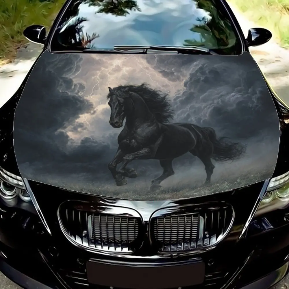 

Black Horse and Stormy Sky Car Vinyl Wraps - Suitable For Most Engine Hood,Bubble-free Design,Waterproof,Cleanable And Convenien
