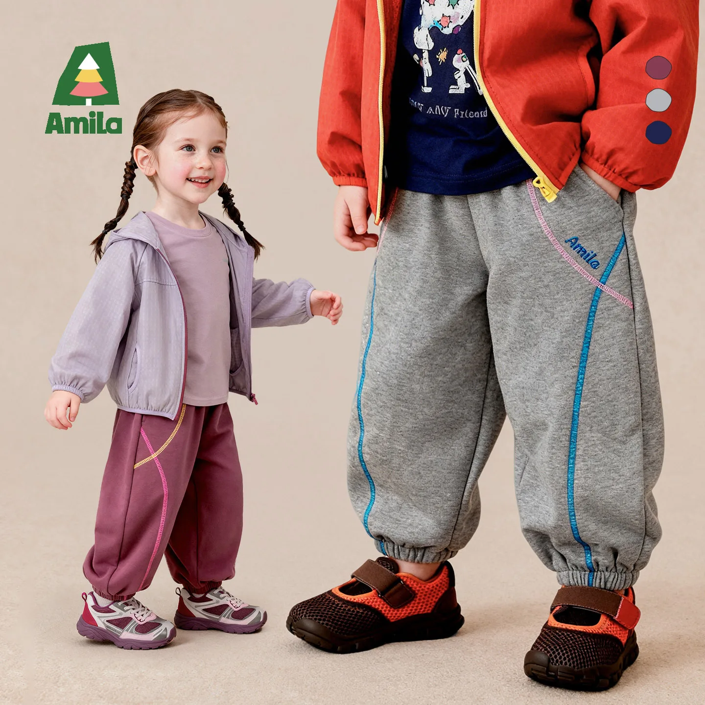 Amila 2026 Autumn New Kids Casual Pants Sports Cuffed Color Block Stripe Brand Embroidery Fashion Comfortable Daily Long Pants
