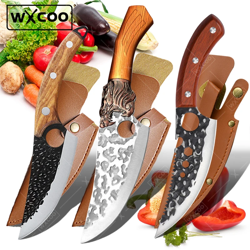 WXCOO Multifunctional Kitchen Knives Forged Hammered Chef\'s Knife Stainless Steel Sharp Boning Knife Meat Cleaver Fruit Peeler