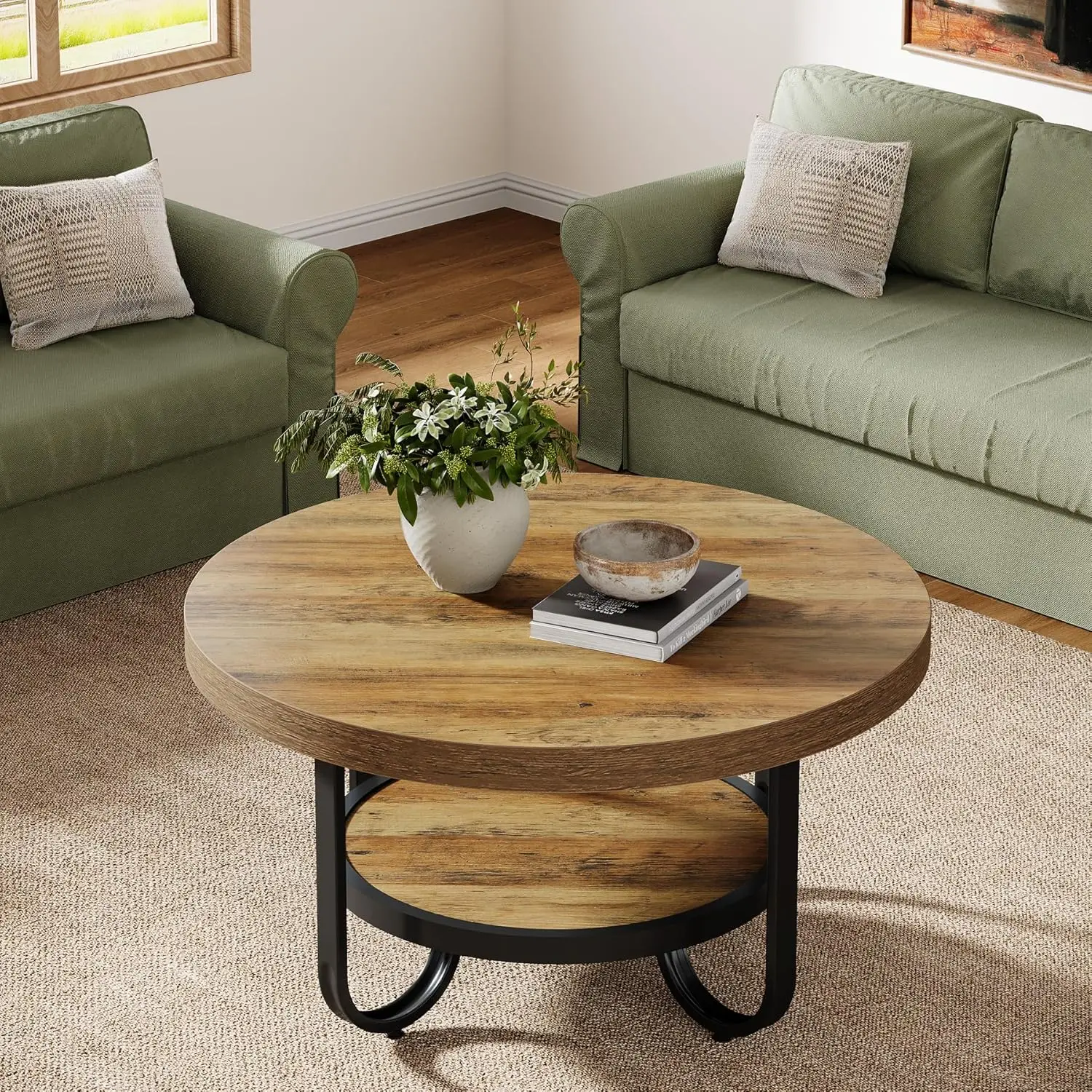 Round Coffee Table, 31.5 Modern Wood Circle Center Table with Storage Shelf and Metal Frame, 2-Tier Industrial Accent