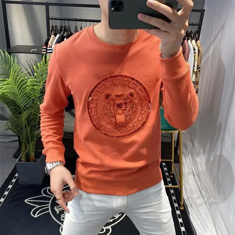 Men's Clothing Round Neck Top New Rock T Shirt for Man Graphic Rhinestones Big Size Sweatshirts Oversize Elasticity Casual F Tee