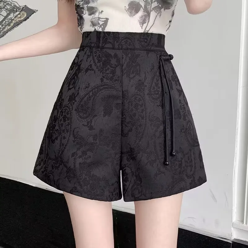 2025 Chinese Style Jacquard Satin Tassel Shorts High Waist Casual Short Ladies Shorts Office Lady Elegant Elastic Waist Short