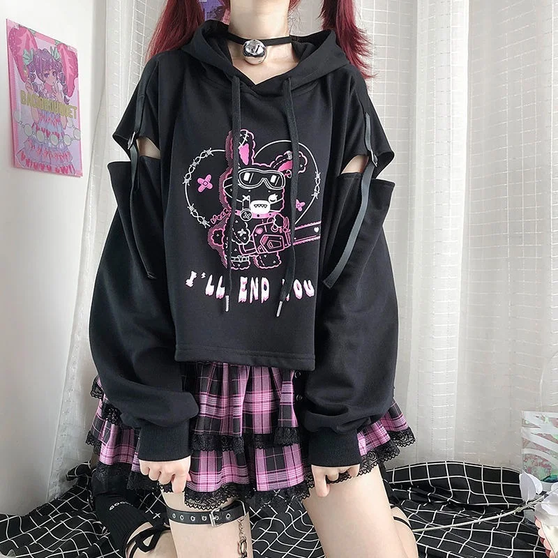 Spring Autumn New Hoodies Punk Gothic Patchwork Hollow Out Y2k Clothes Cartoon Print Casual Loose Preppy Style Crop Sweatshirts