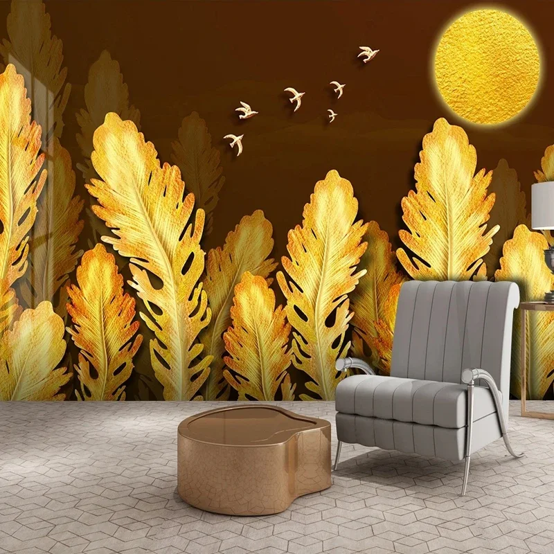 Wallpaper for Wall 3D Stereo Gold Plants Leaves Painting Mural Paper Living Room TV Backdrop Home Decoration Waterproof Canvas