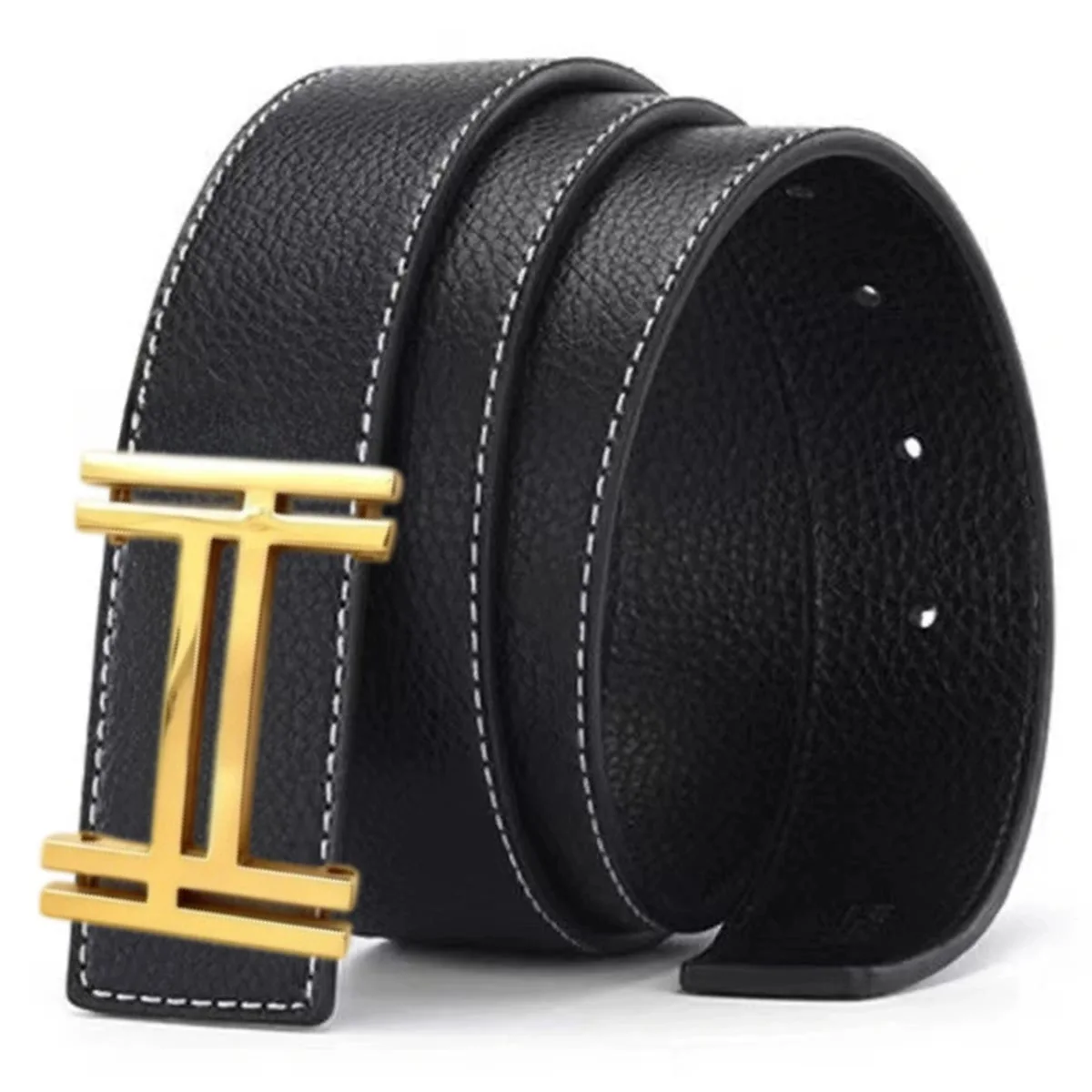 Men Adjustable Waist Belt Hollow Gold Buckle Contrast Stitching Waistband Multi‑color For Business Casual Jeans Suit