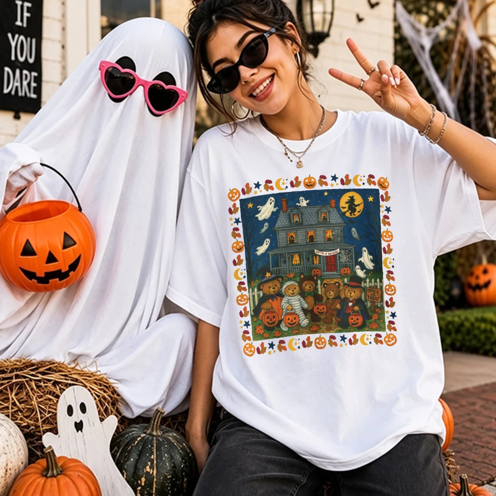 Bears Haunted House Graphic Women T-Shirt Cotton Short Sleeve Oversized Loose Tee Tops Halloween Spooky Vintage Shirts for Women