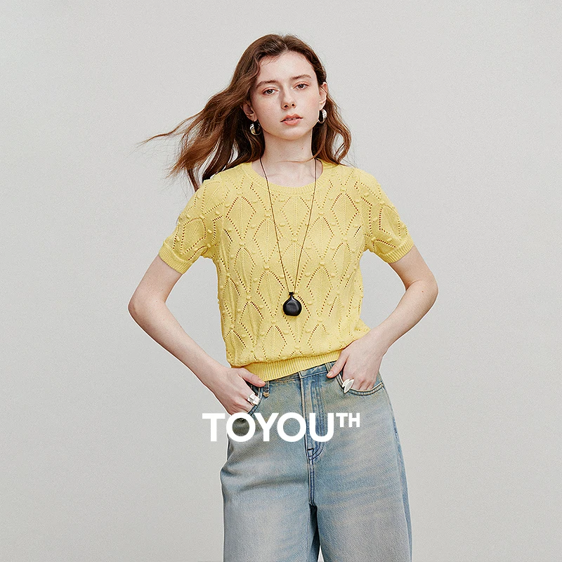

TOYOUTH Women Knitwear 2025 Summer New Retro Hollowed Out Diamond Grid Lightweight Round Neck Short Sleeve Knitted Pullover Tops