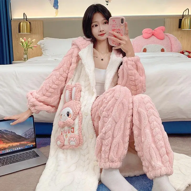 Sanrio Girl Coral Fleece Thickening Hooded Robe Suit Winter Kawaii My Melody Comic Student Keep Warm Pajamas Home Clothes Kit