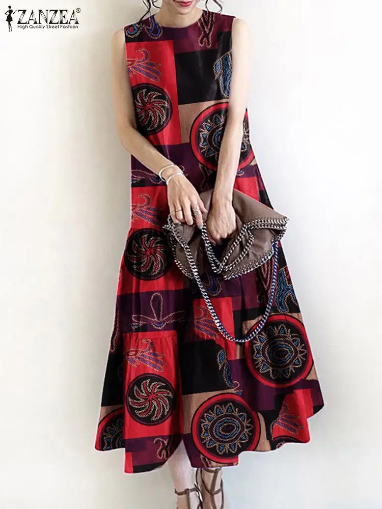 ZANZEA Vintage Printed Dresses Summer Women O Neck Sleeveless Sundress Stylish Work Dress Bohemian Holiday A Line Loose Vestidos