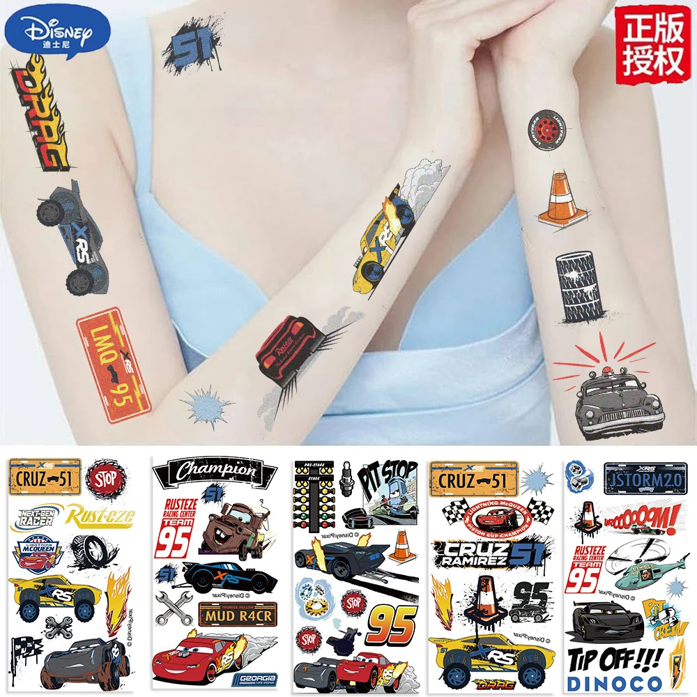 10 pçs dos desenhos animados disney carros relâmpago mcqueen tatuagem adesivos à prova dwaterproof água tatuagens temporárias decalques legal crianças festa decoração brinquedo